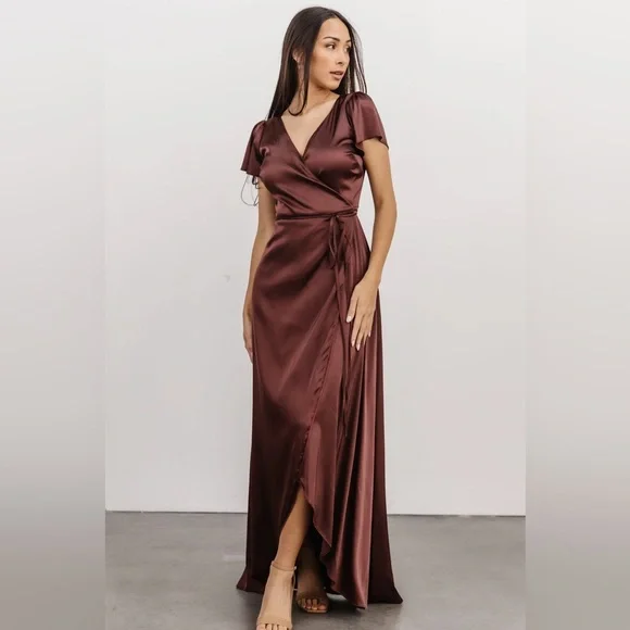 Baltic Born Krystal Satin Wrap Gown in Dark Clove